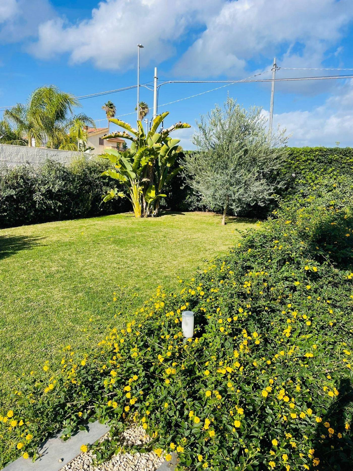 Enclosed private garden with tropical plants and seating areas